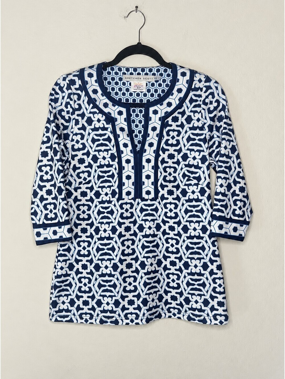 Gretchen Scott Arabesque Tunic XS Navy White Geometric Jersey Top